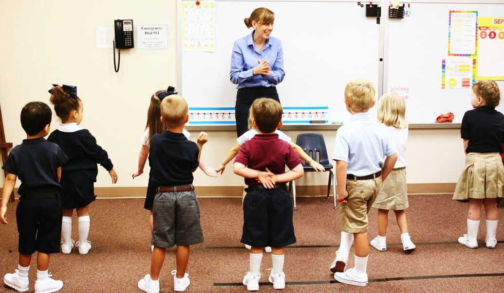 Grammar school students in class at Trinitas.